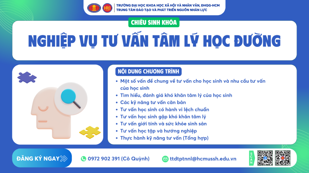 Nghiệp vụ Tư vấn tâm lý học đường (Khóa 30) – Khai giảng 29/11/2024