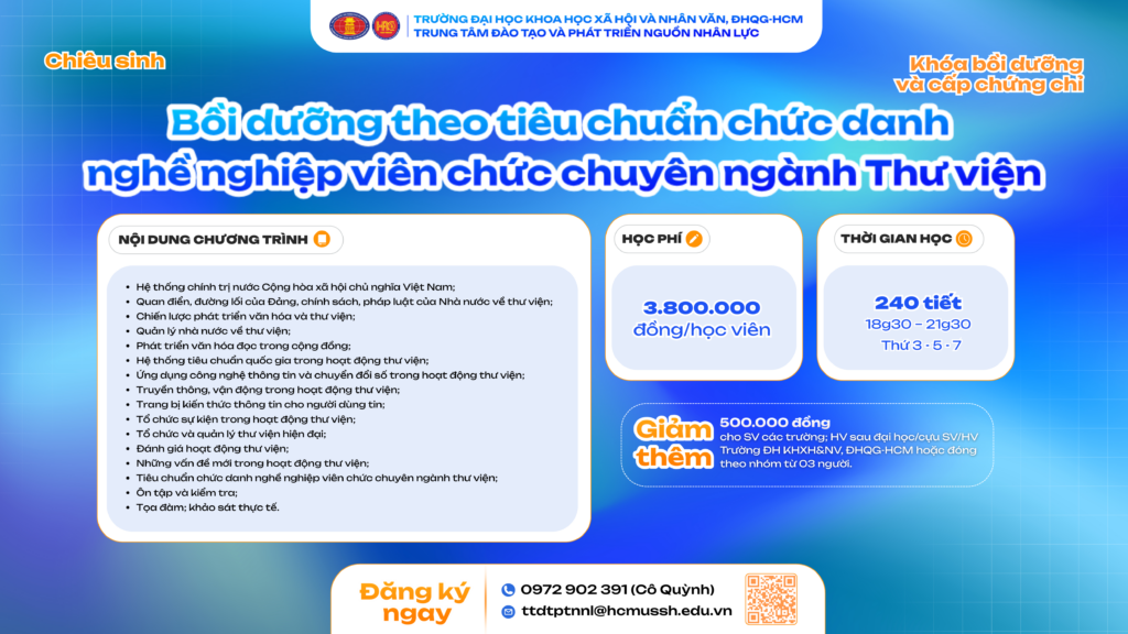 Bồi dưỡng theo tiêu chuẩn chức danh nghề nghiệp viên chức chuyên ngành Thư viện (Khóa 2) – Khai giảng 27/01/2026