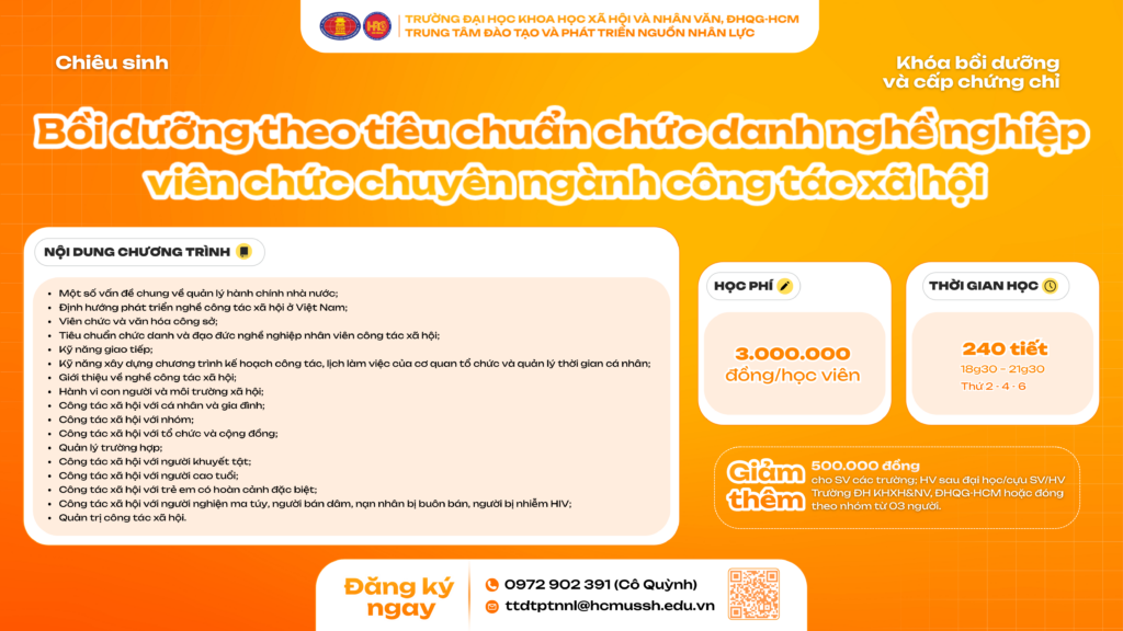 Bồi dưỡng theo tiêu chuẩn chức danh nghề nghiệp viên chức chuyên ngành công tác xã hội (Khóa 4) – Học ngày 02/03/2026