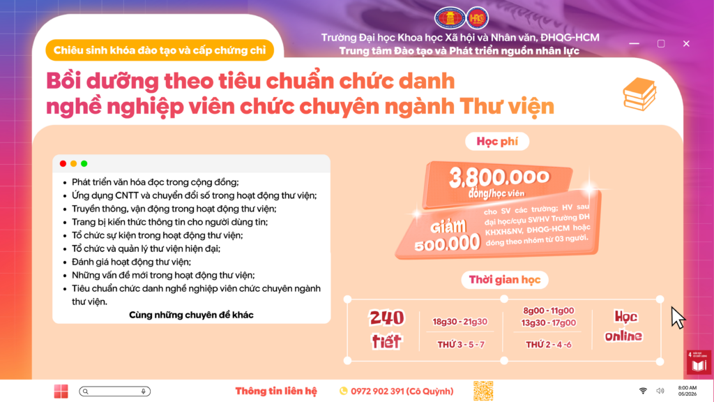 Bồi dưỡng theo tiêu chuẩn chức danh nghề nghiệp viên chức chuyên ngành Thư viện (Khóa 4) – Học ngày 23/06/2026