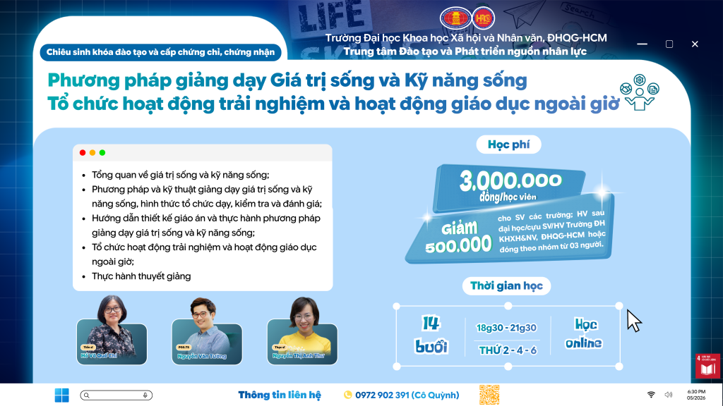 Phương pháp giảng dạy Giá trị sống và Kỹ năng sống – Tổ chức hoạt động trải nghiệm và hoạt động giáo dục ngoài giờ (Khóa 34) – Khai giảng 01/07/2026