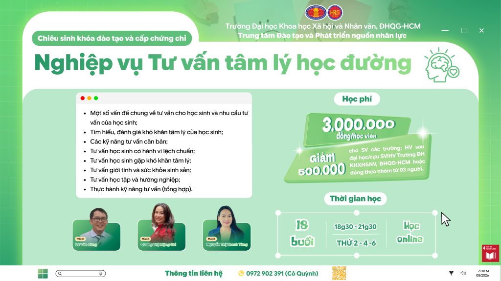 Nghiệp vụ Tư vấn tâm lý học đường (Khóa 42) – Khai giảng 22/06/2026