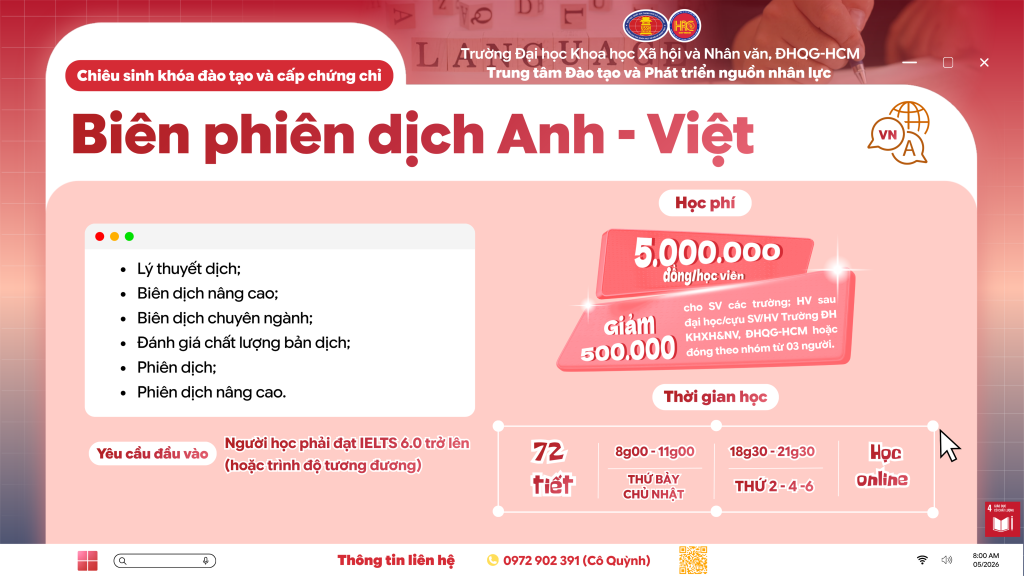 Biên phiên dịch Anh – Việt (Khóa 5) – Học ngày 08/07/2026