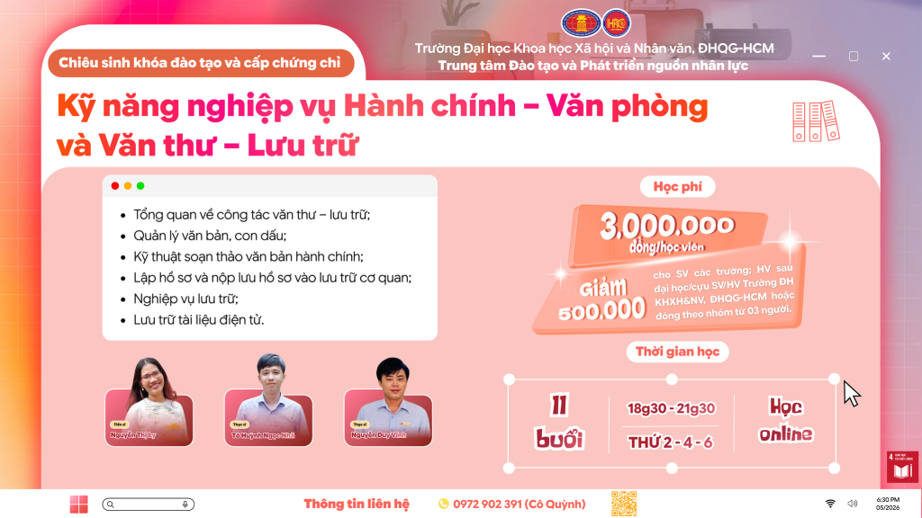 Kỹ năng nghiệp vụ Hành chính – Văn phòng và Văn thư – Lưu trữ (Khóa 24) – Học ngày 20/07/2026