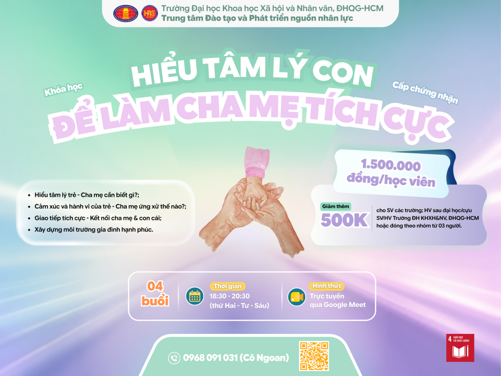 Hiểu tâm lý con để làm cha mẹ tích cực (Khóa 4) – Dự kiến khai giảng 30/09/2026