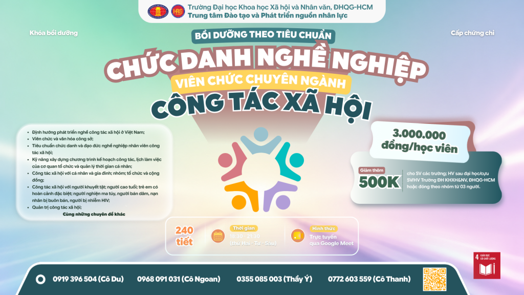 Bồi dưỡng theo tiêu chuẩn chức danh nghề nghiệp viên chức chuyên ngành công tác xã hội (Khóa 8) – Dự kiến khai giảng 09/09/2026