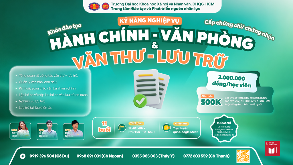 Kỹ năng nghiệp vụ Hành chính – Văn phòng và Văn thư – Lưu trữ (Khóa 25) – Dự kiến khai giảng 20/08/2026